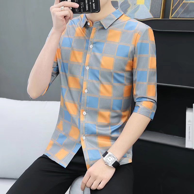 Áo Sơ Mi Tay Lửng Kẻ Sọc Ca Rô Dáng Ôm Phong Cách Hàn Quốc Thời Trang Xuân Hè Cho Nam Size M-3xl