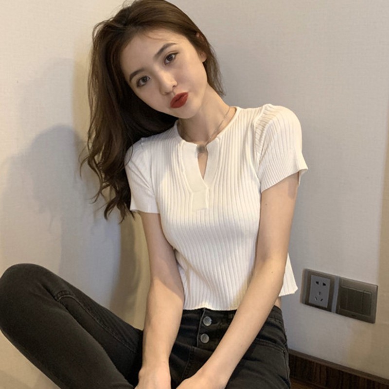 Áo thun tay ngắn dệt kim cổ chữ V màu trơn thiết kế đơn giản phong cách Hàn Quốc