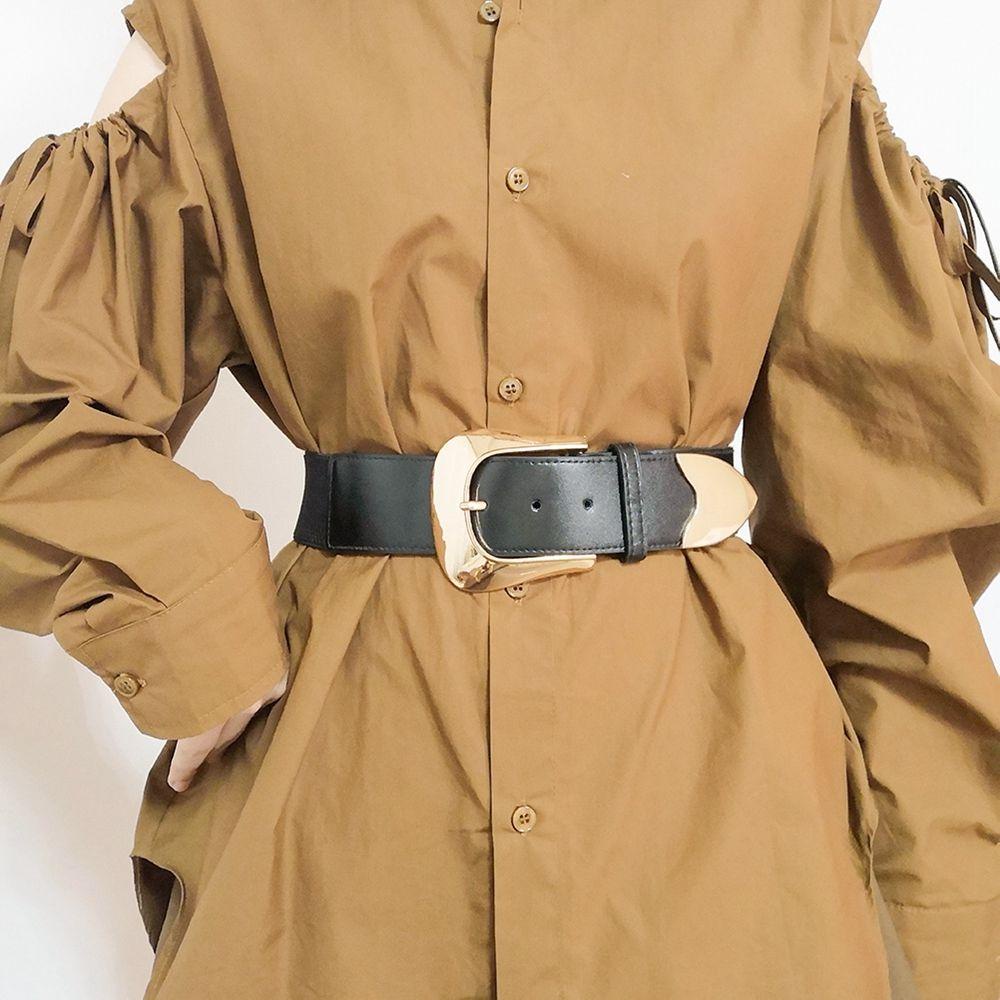 Thắt Lưng Bản Rộng Co Giãn Phối Khóa Kim Loại Tròn Phong Cách Vintage Cho Nữ