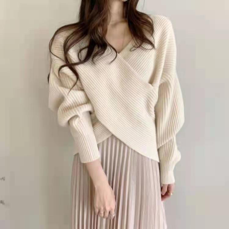 Áo sweater SUXI tay dài cổ chữ V dáng rộng phong cách Hàn Quốc