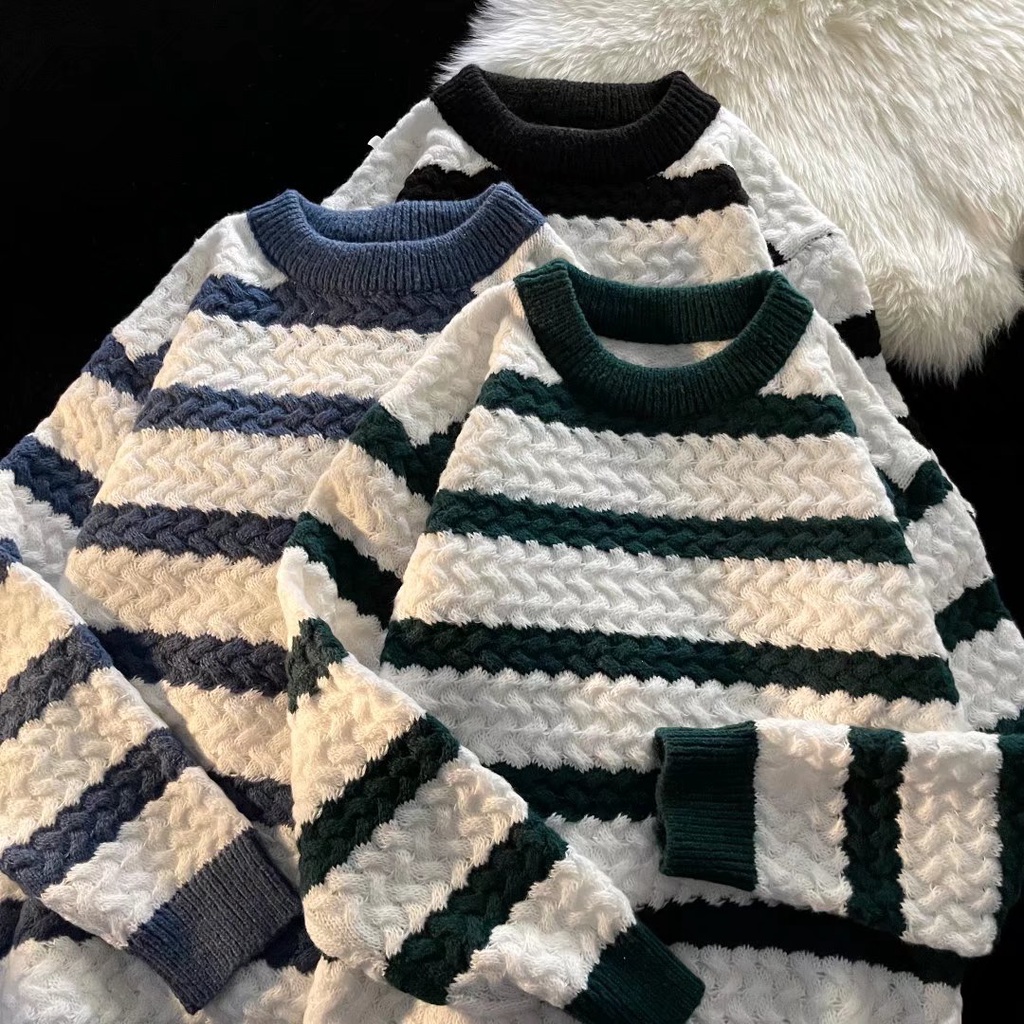 Áo Sweater Dệt Kim Kẻ Sọc Dáng Rộng Phong Cách Hàn Quốc Thời Trang Cho Cặp Đôi
