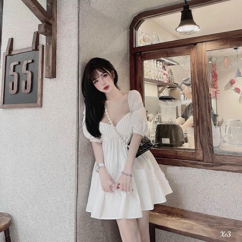 [Đầm sale] Đầm tiểu thu dáng xòe đi dự tiệc cưới siêu cute với thiết kế cổ khoét sâu có mút phối tay phồng, tà váy xòe