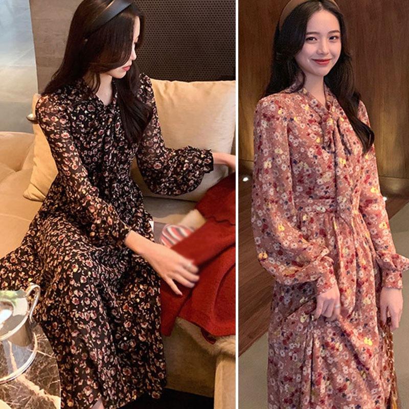 Váy tay dài chất chiffon họa tiết hoa thiết kế phối nơ nữ tính