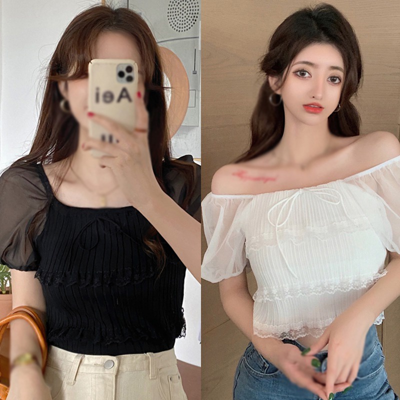 Áo kiểu chất Chiffon tay ngắn phối ren hoa thiết kế thanh lịch<br />