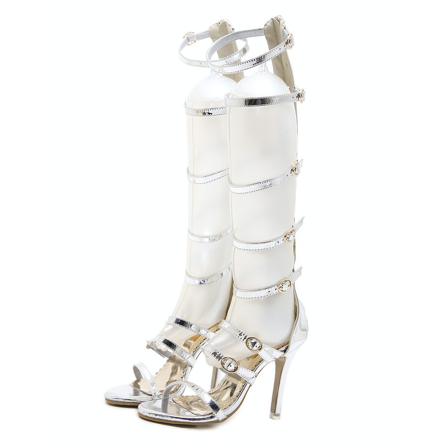 Sandal dây chiến binh cao gót màu bạc dưới gối GCC3802