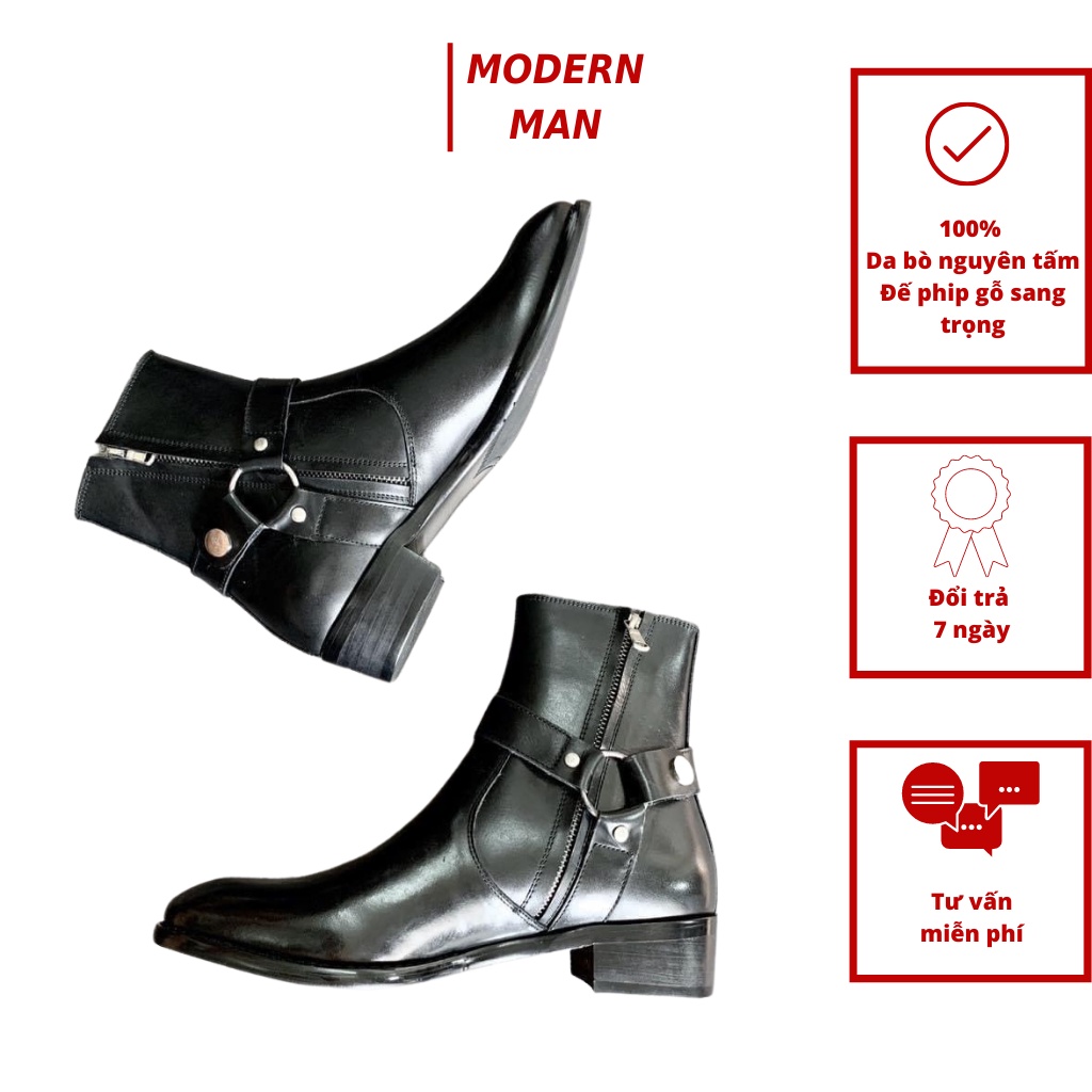 (CÓ VIDEO)Giày Harness Boots Nam Da Bò Tấm, Đế Phíp Gỗ Cao 5cm BH 12 Tháng