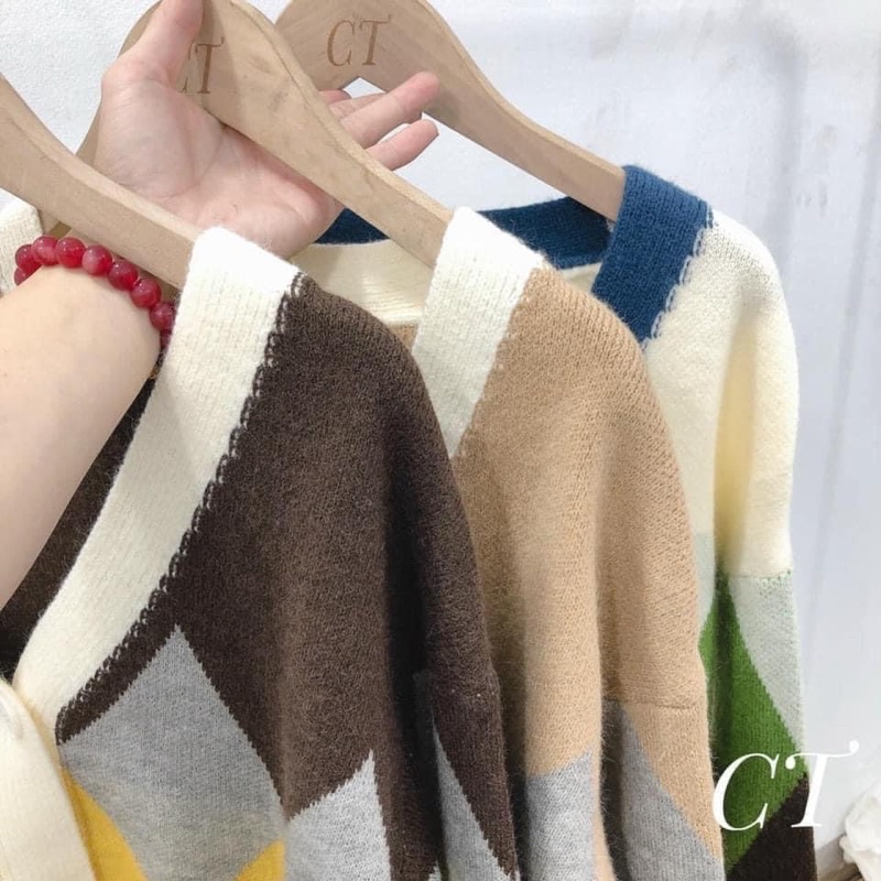 Áo len cardigan hoạ tiết trám viền cổ mix màu phong cách Ullzang