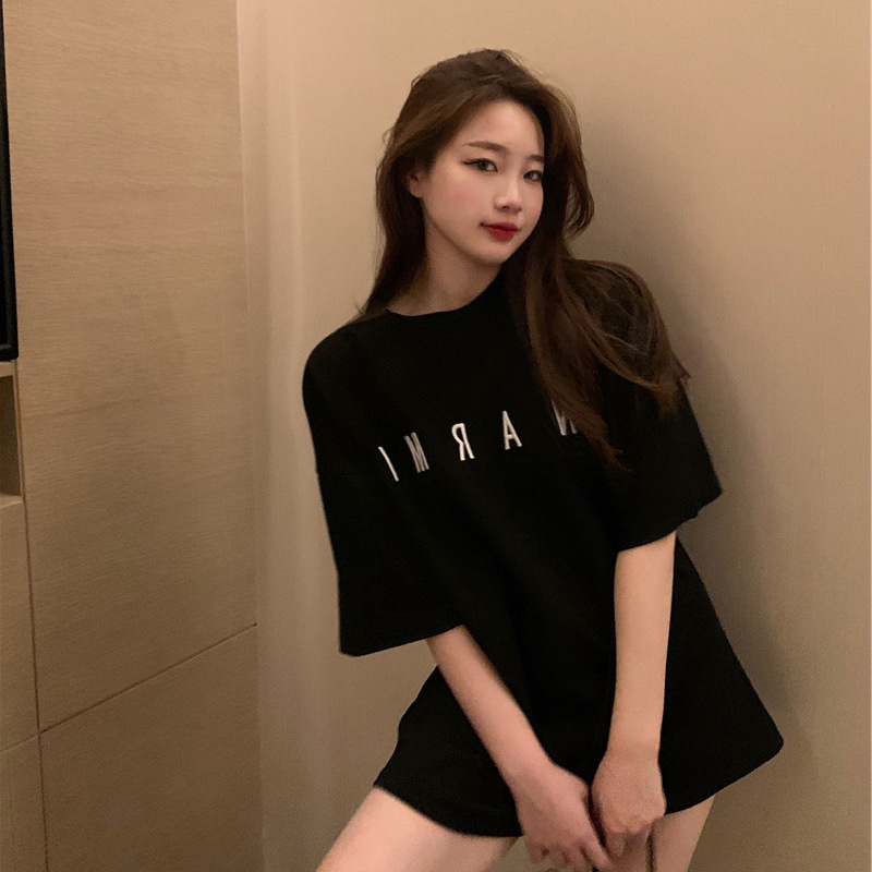 Áo thun nữ tay ngắn thêu chữ đơn giản thời trang Hàn Quốc