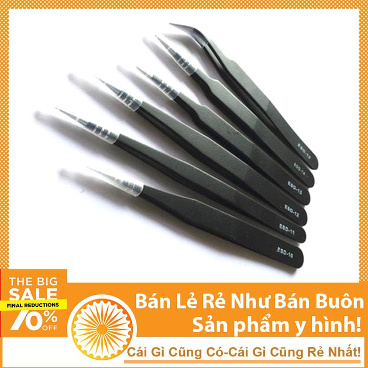 Bộ 6 Cây Nhíp Kẹp Linh Kiện Điện Tử Chống Tĩnh Điện Màu Đen