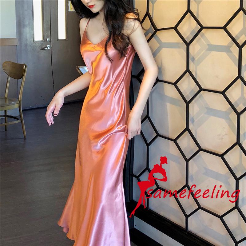 SF♫Women´s Satin Sleeveless Suspender Dress V-Neck Fishtail Design Long Dress
