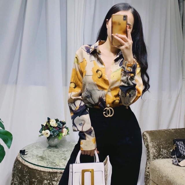 ÁO SƠ MI LỤA HOẠ TIẾT HOA CÚC