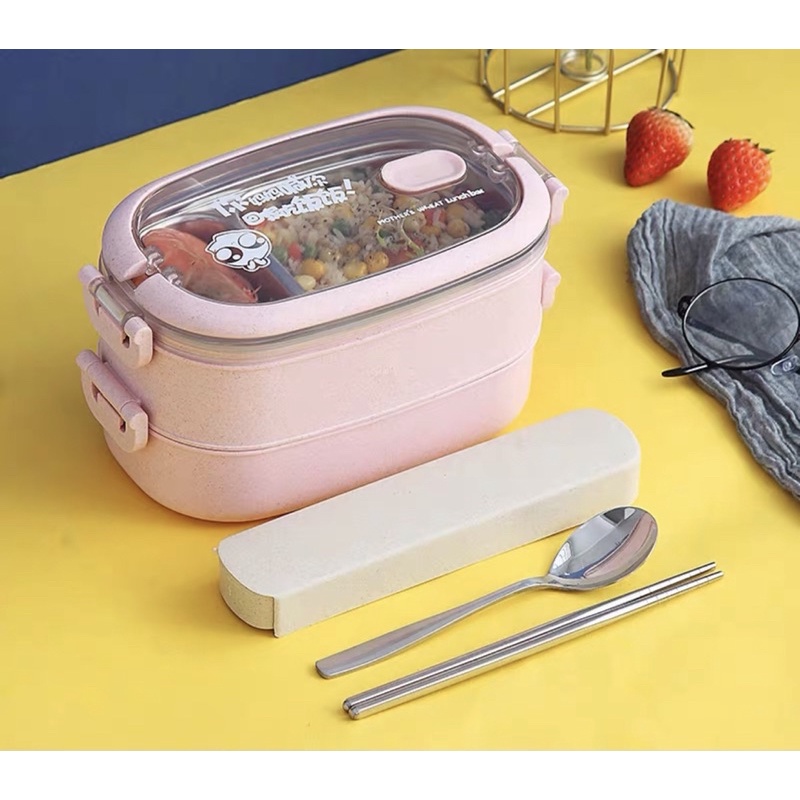 Hộp Cơm Giữ Nhiệt Thực Phẩm 2 Tầng Kèm Bộ Thìa Đũa Cốc Đựng Canh