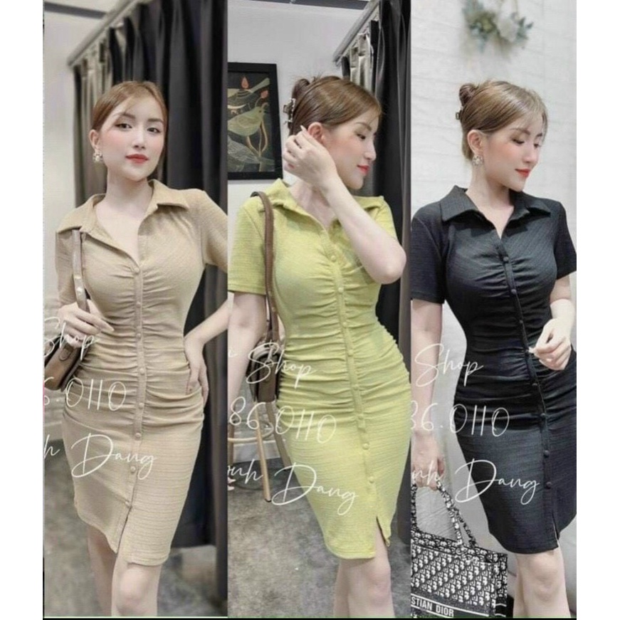 đầm thun gân xương cá body kiểu sơ mi đính nút