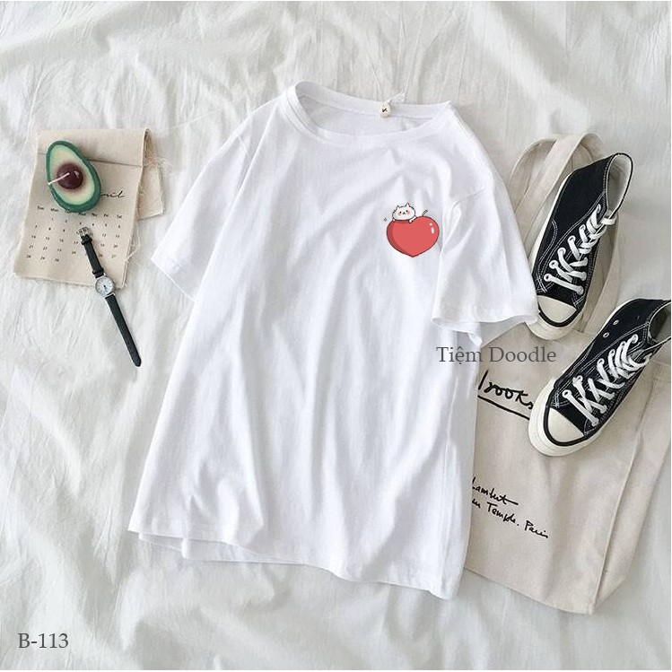 Áo Thun Nam Nữ Tay Lỡ Unisex Phông Trơn Oversize Form Rộng Basic Tee Hình ảnh trái tim dễ thương bên ngực trái