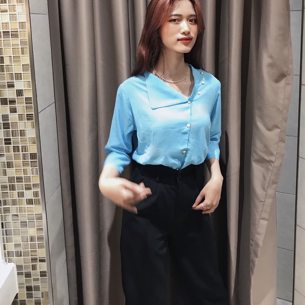 Sơ mi công sở DenYachất liệu lụa Nhật cao cấp phối nút ngọc