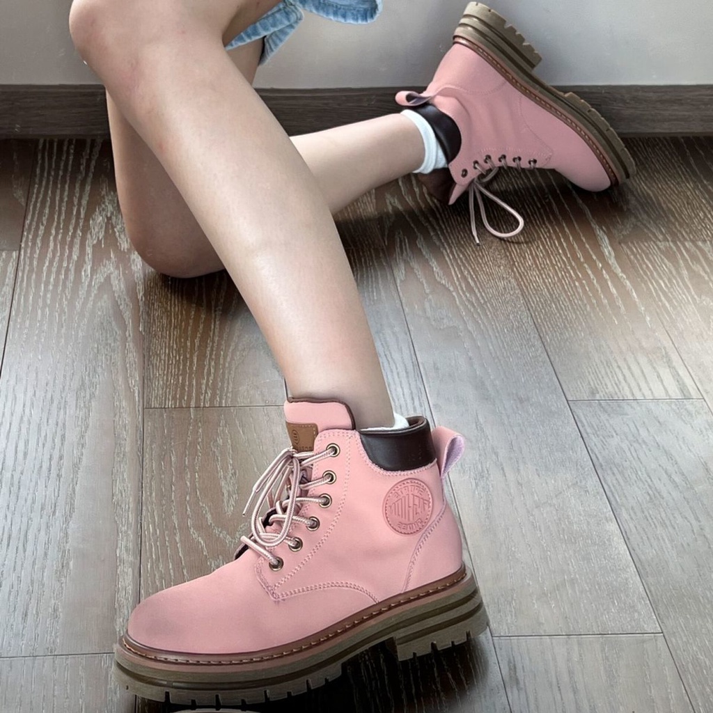 Giày Bốt Martin Đế Dày Cổ Cao Mũi Tròn Màu Hồng Thời Trang Cho Nữ
