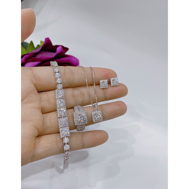 Bộ bạc thật phủ vàng trắng siêu sang mắt vuông