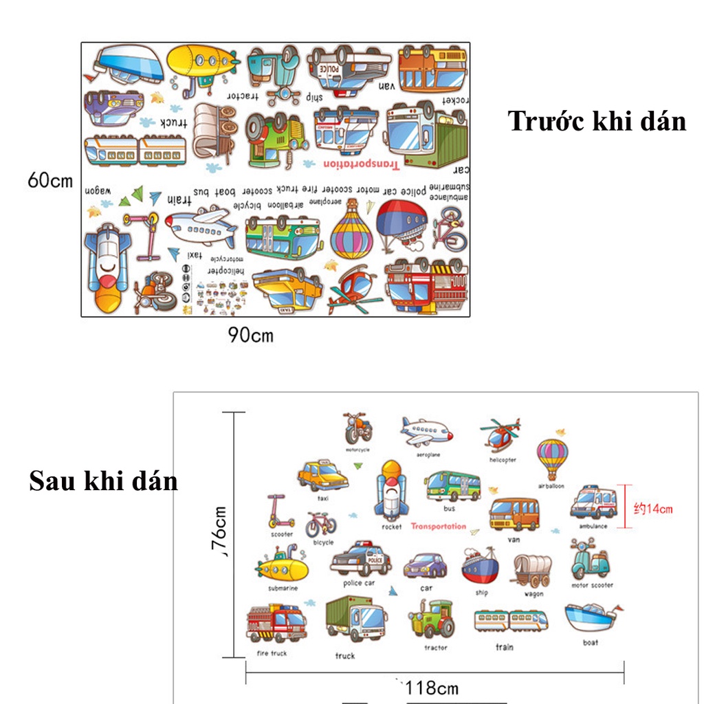 Decal dán tường, tranh trang trí phòng cho bé hình phường tiện giao thông, trang trí lớp học HM92024
