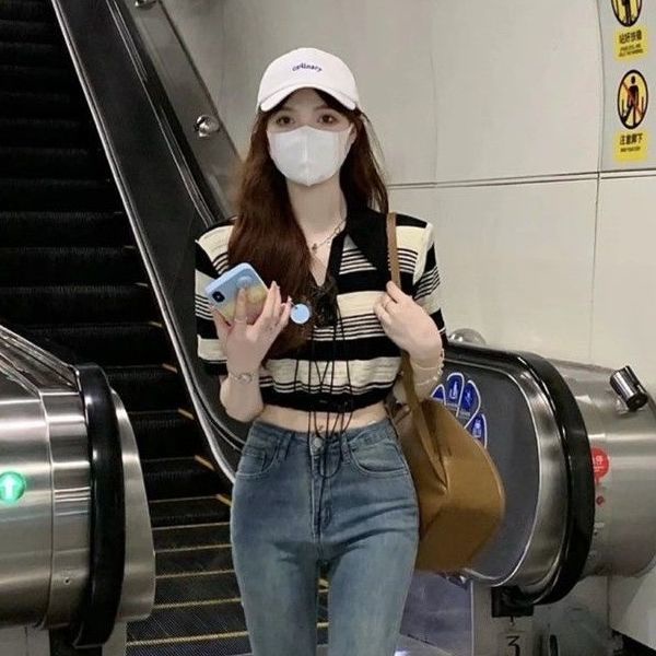 Áo Thun Croptop Ngắn Tay Thắt Dây Họa Tiết Kẻ Sọc Phong Cách Âu Mỹ Thời Trang Mùa Hè Hàng Mới Dành Cho Nữ 2022