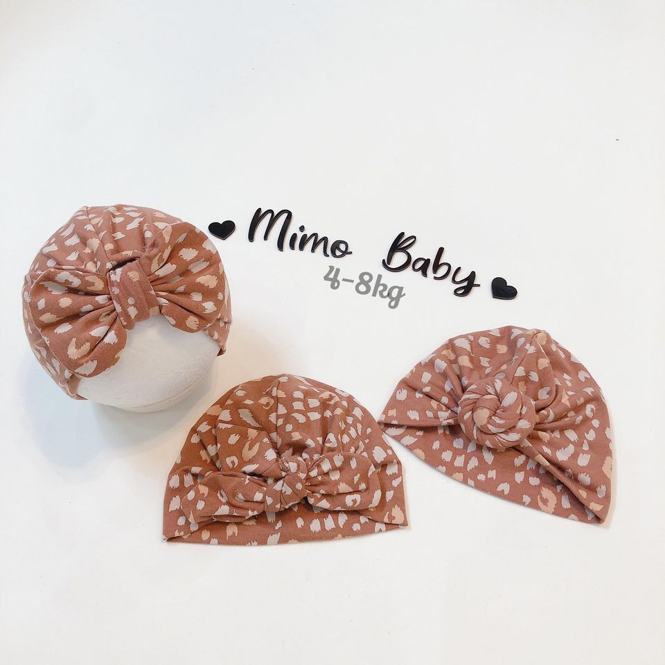 Mũ turban bé gái - nâu họa tiết (4-8kg)