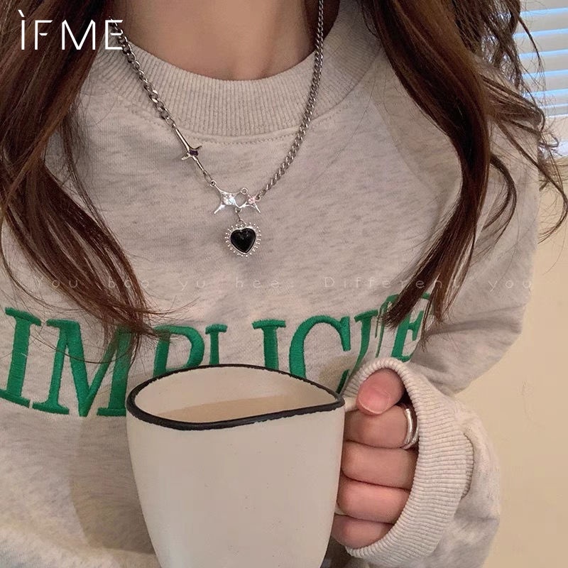 IF ME Vòng cổ Bạc Mặt Hình Ngôi Sao/Trái Tim Màu Đen Đính Đá Thời Trang Cho Nữ