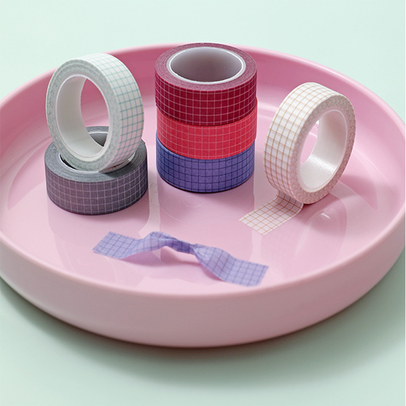 Cuộn băng keo washi 10m họa tiết kẻ ô đỏ và tím phong cách Nhật Bản