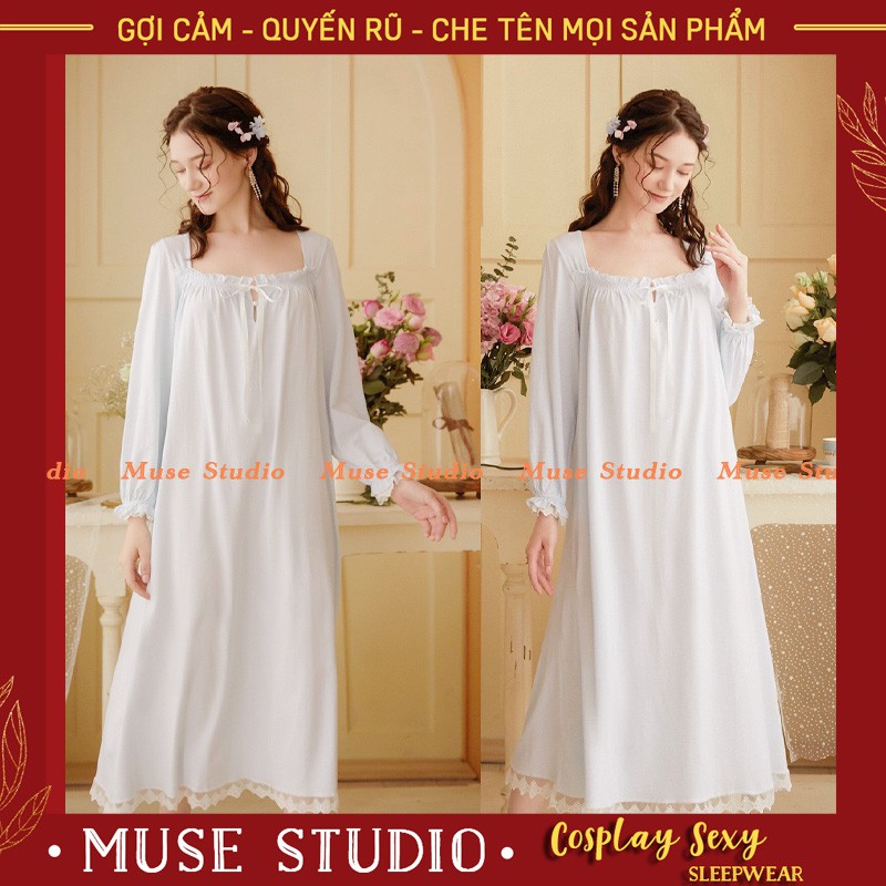 Váy ngủ tiểu thư tay dài vải cotton mềm mịn