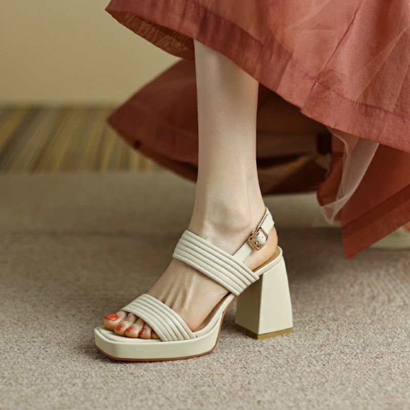 Giày sandal cao gót 9 phân đế đúp quai ngang gót trụ vuông chắc chắn