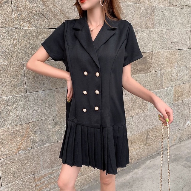 Bigsize Đầm cổ vest 6 cúc phối đuôi xếp li