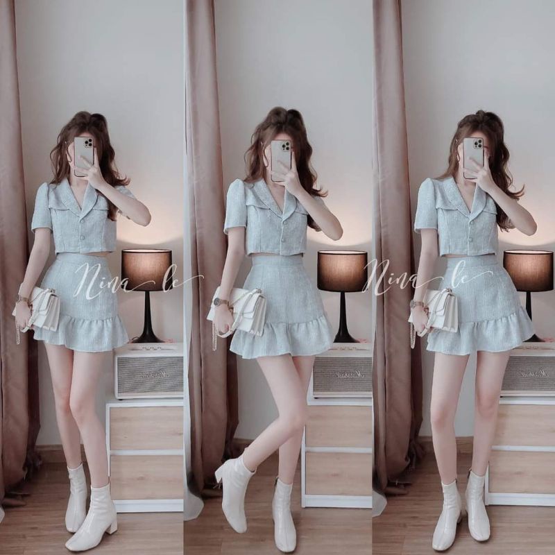 Set dạ tweed xanh gồm áo croptop và chân váy đuôi cá