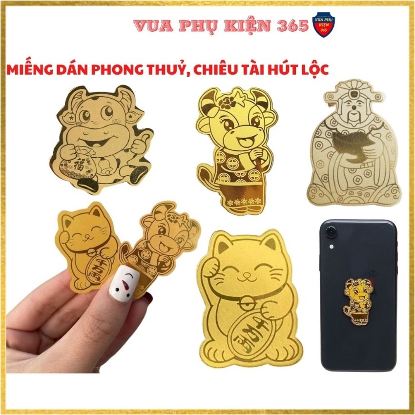 Miếng Dán Phong Thủy MÈO THẦN TÀI, ÔNG THẦN TÀI, TRÂU VÀNG, BÒ VÀNG, HỔ VÀNG Mạ Vàng 24K Chiêu Tài Hút Lộc