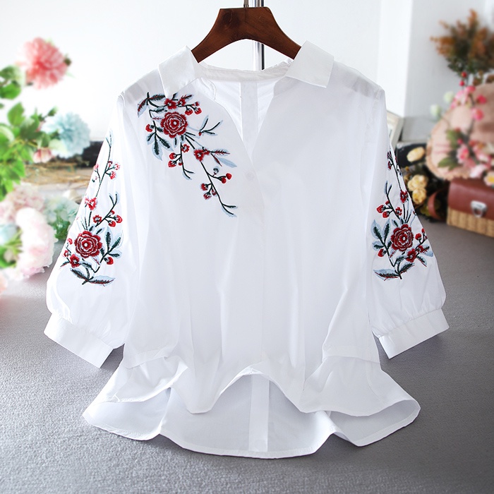 Áo Sơ Mi Tay Lửng Họa Tiết Thêu Thời Trang Mùa Hè Phong Cách Retro Mới Cho Nữ