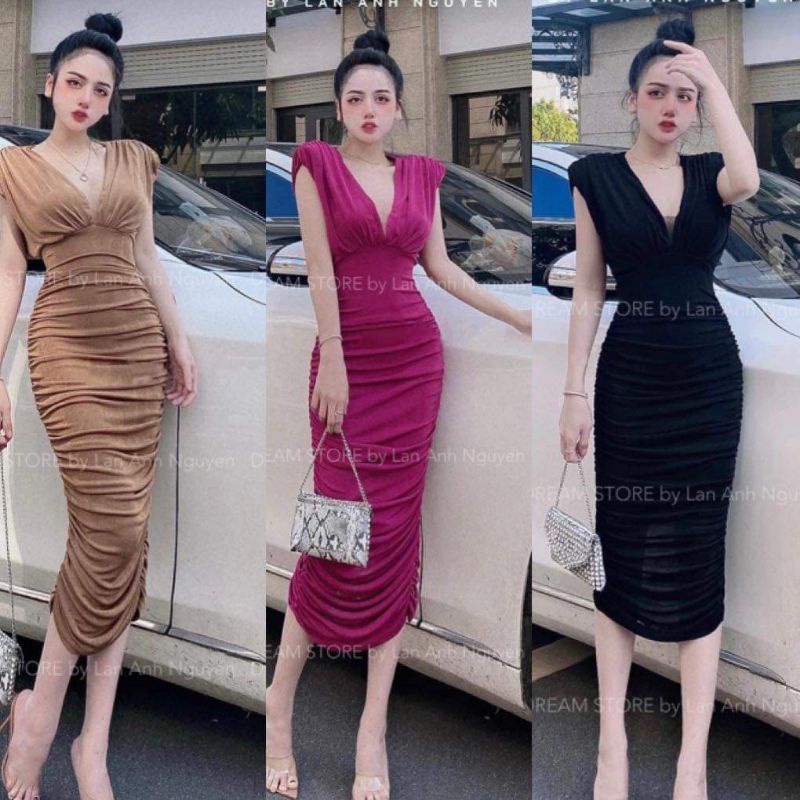 Đầm Thun Tay Ngắn Cổ V Nhún Hai Bên Hông - Dáng Dài Maxi Ôm Body Sexy