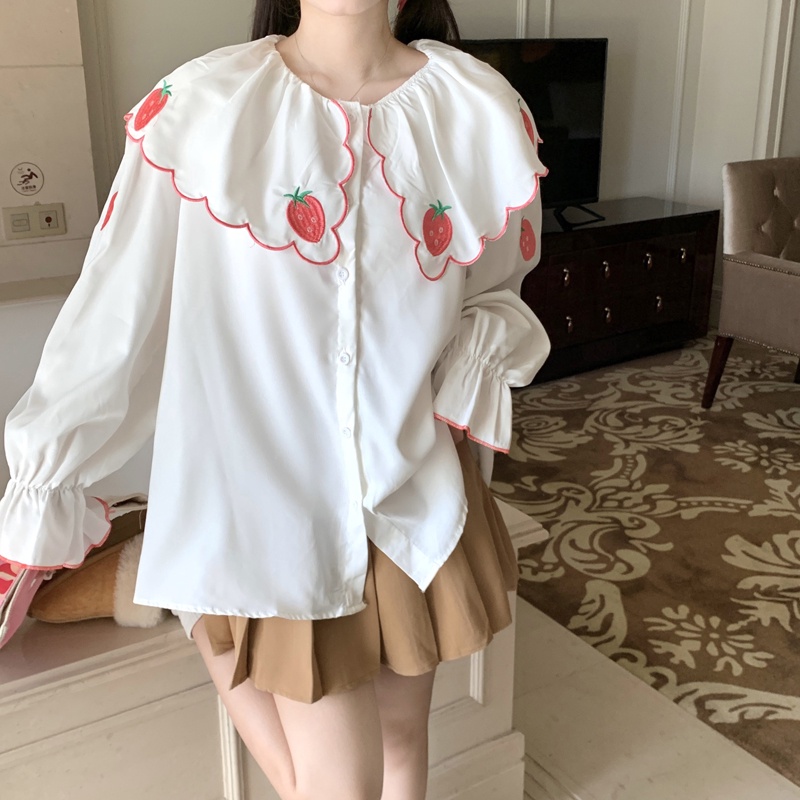 Áo Sơ Mi Trắng Cổ Búp Bê Họa Tiết Thêu Dâu Tây Phong Cách Hàn Quốc Ngọt Ngào