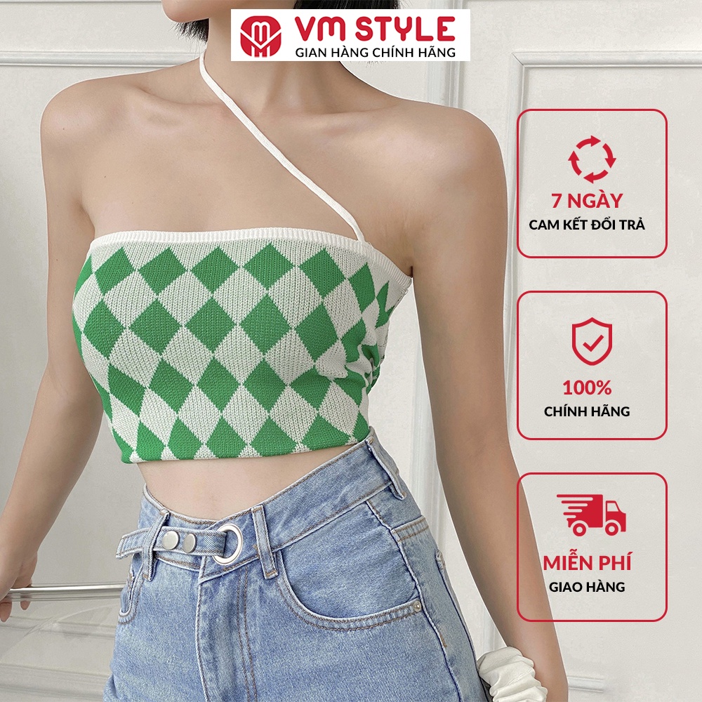 Áo len croptop dây chéo nữ xanh lá VMSTYLE họa tiết quả trám nude trẻ trung - 22ALU02A962202