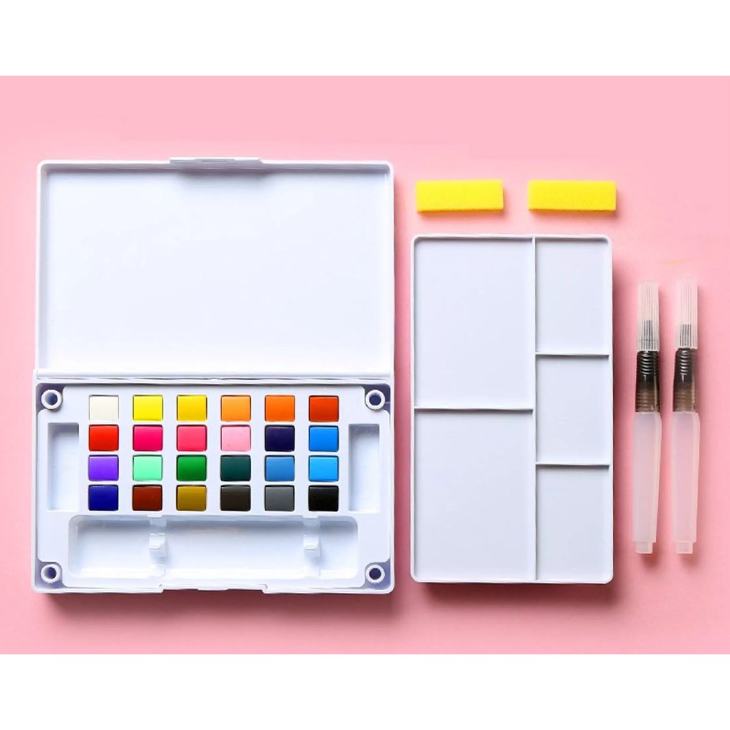 Bộ Màu Nước Dạng Nén Solid Water Color Tặng Kèm 2 Bút Nước, 2 Mút, 1 Palette - 24 Màu