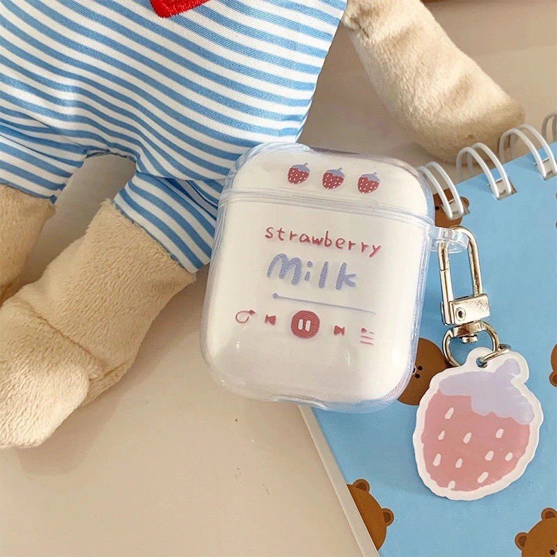 Ốp Bảo Vệ Tai Nghe Case Airpods 1 2 3 Pro Trong Suốt Hình Dâu Âm Nhạc Kèm Móc Khóa Dễ Thương