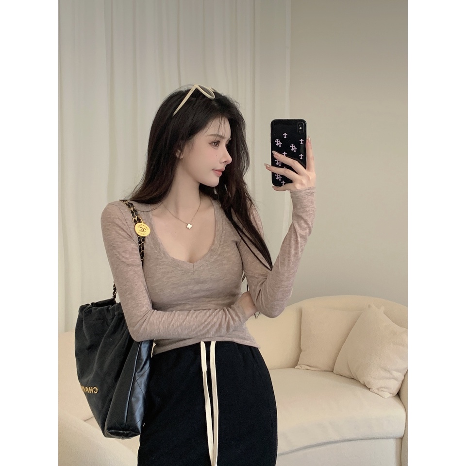 Áo Thun Tay Dài Cổ Chữ V Bằng cotton linen Mỏng Hàng Mới