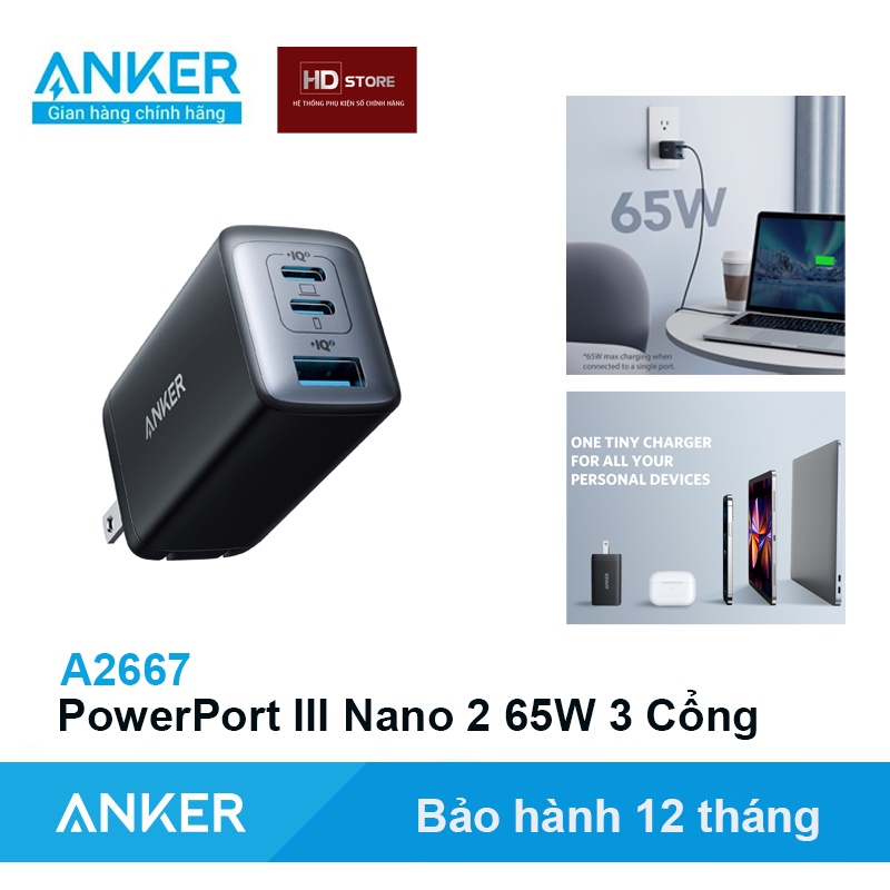 Củ Sạc nhanh Anker PowerPort III Nano 2 65W 3 Cổng 735 - Mã A2667 Sạc nhanh 18W 20W 65W Siêu nhanh 25W 45W