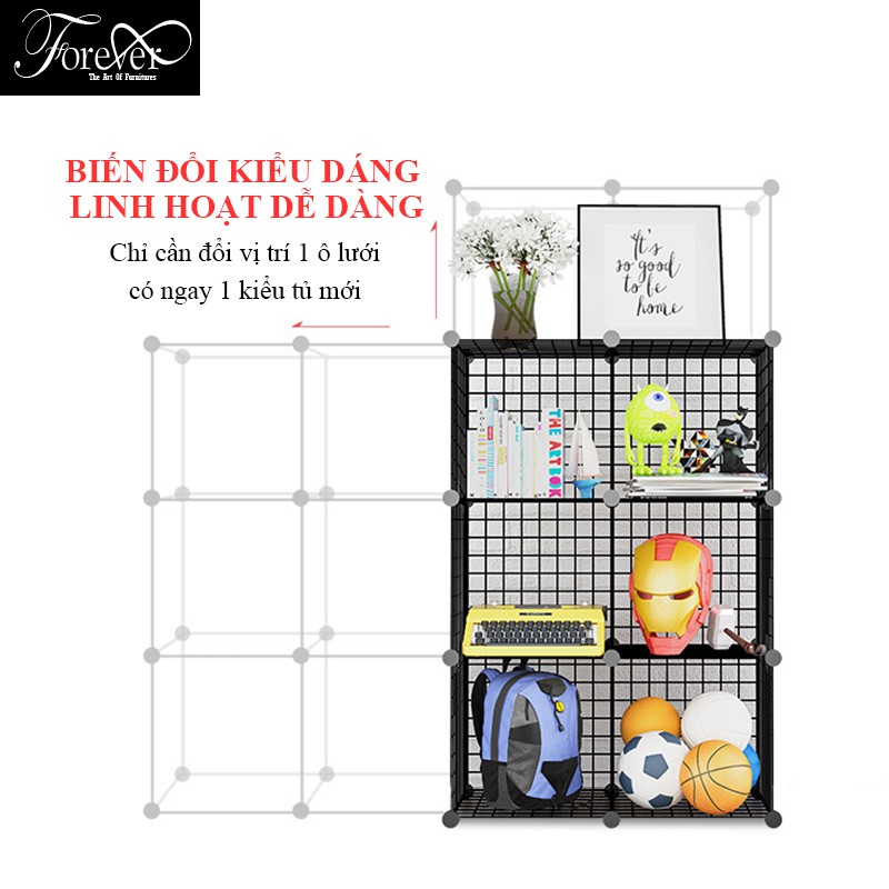 Tủ lưới sắt lắp ghép 6 ô tấm 35*35cm sâu 37cm màu đen - Nội Thất Nghệ Thuật Forever