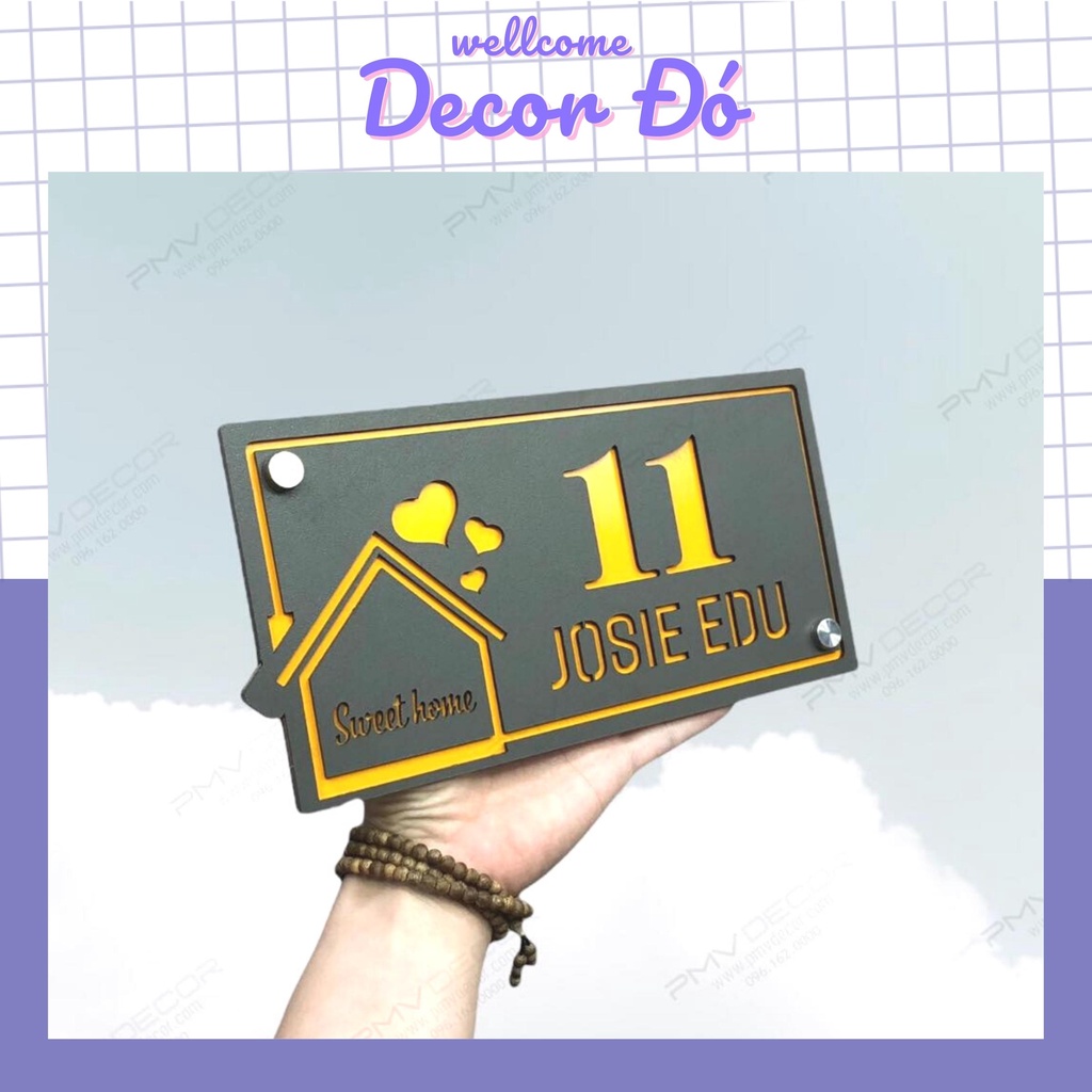 Bảng , Biển Số Nhà Alumin Vàng + Mica Cán Sần Chữ Chìm , thiết kế theo yêu cầu