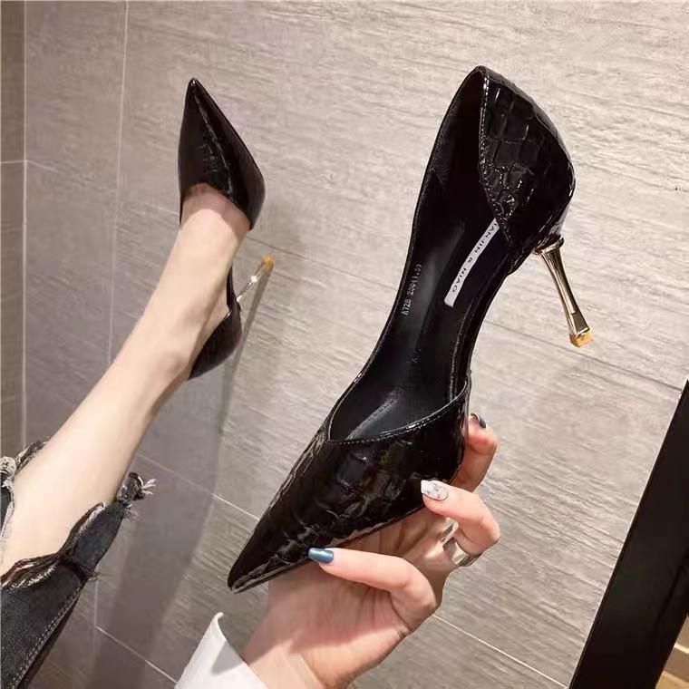 2021Summer Versatile New Sexy Side Empty Shoes Internet Celebrity French High Heels Women's Fine Heel with Black Pointed Toe Shoes