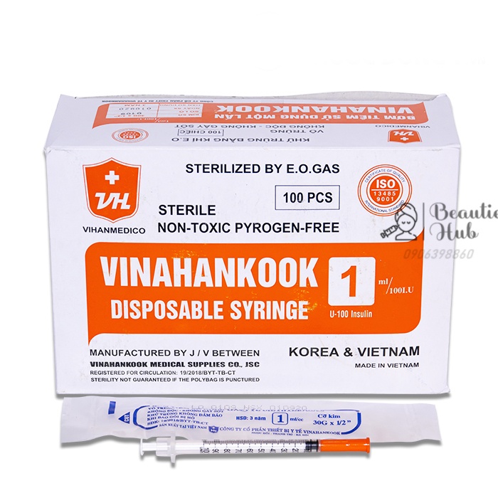 lẻ 1 cây  bơm tiêm tiểu đường Vinahankook 1ml 100IU 30G 13mm tiêm meso