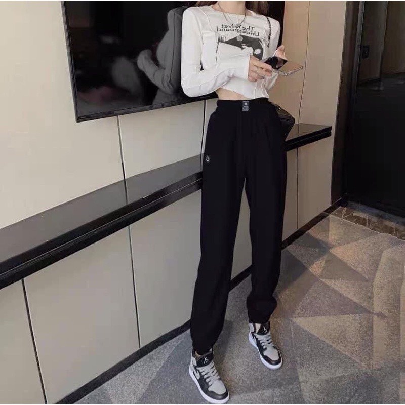 Quần jogger tăm logo mặt cười bo gấu nữ - Nỉ ống boom cạp chun dáng dài phong cách đường phố vintage ulzzang | BigBuy360 - bigbuy360.vn