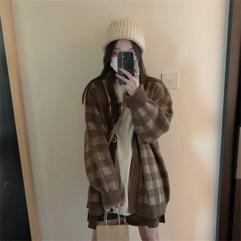 Áo Khoác Cardigan | Áo Len Cardigan kẻ caro Nâu khuy áo Hot trend phong cách ulzzang hàn Quốc