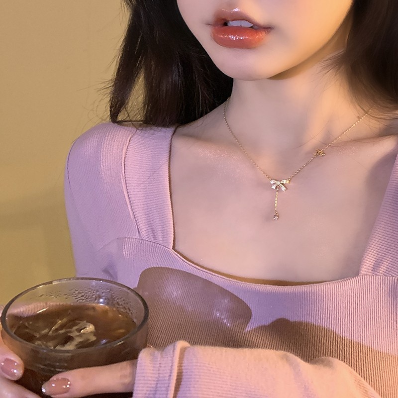 Vòng cổ Mạ Vàng 14K Mặt Nơ Đính Đá Thời Trang