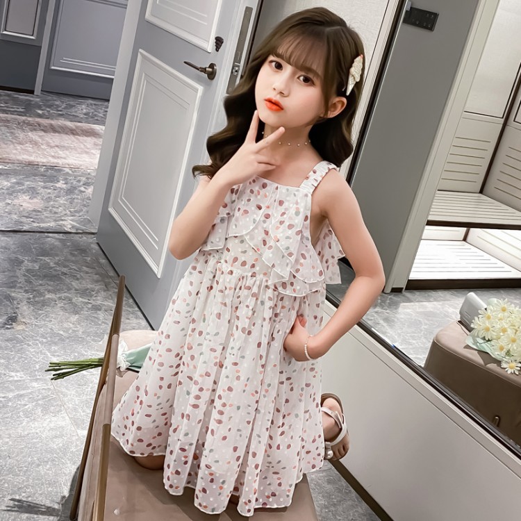 New girls' small dresses, boutique Korean children's clothing, big boys and girls, color dot chiffon dresses, lovely temperament, comfortable, cool and breathable