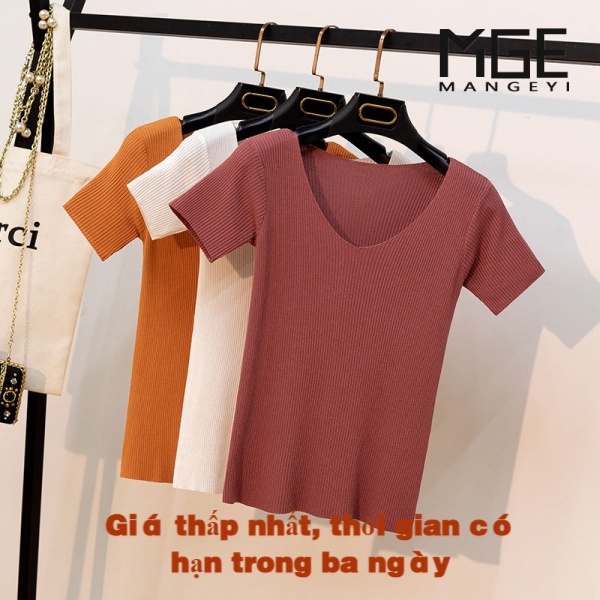 New women's fashion top T-shirt V-neck knitted Ice Silk short sleeve pullover slim T-shirt for women