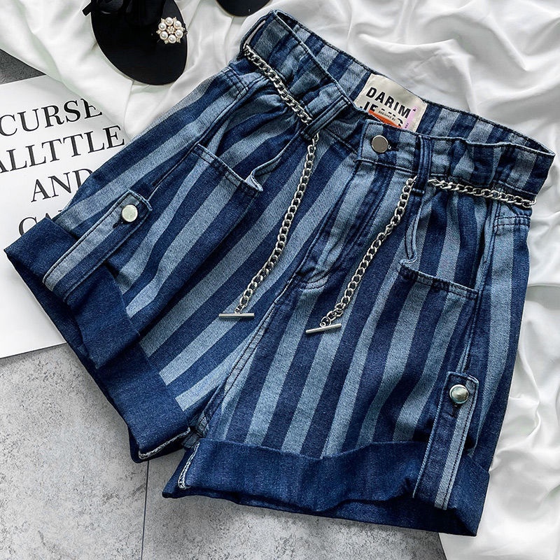 Quần Short Denim Lưng Cao Phối Sọc Dọc Plus Size 3XL Thời Trang Cho Nữ 95853