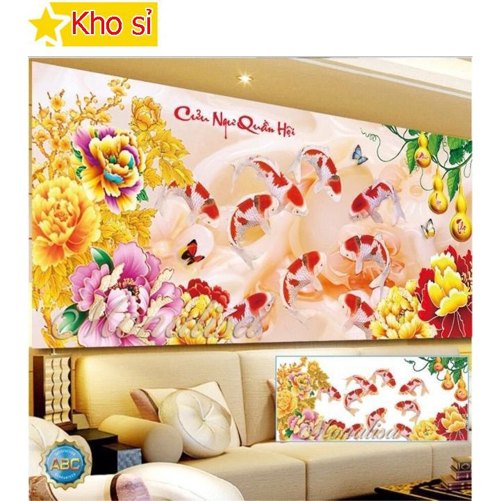 Tranh đính đá đẹp ý nghĩa Cửu ngư quần hội, hoa mẫu đơn Y8223 (120x60cm) [KHO SỈ] Tranh chất lượng cao